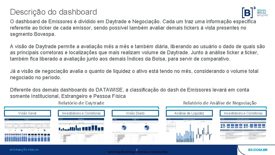 Descrição do dashboard O dashboard de Emissores é dividido em Daytrade e Negociação. Cada