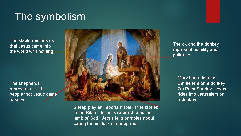 The symbolism The stable reminds us that Jesus came into the world with nothing.