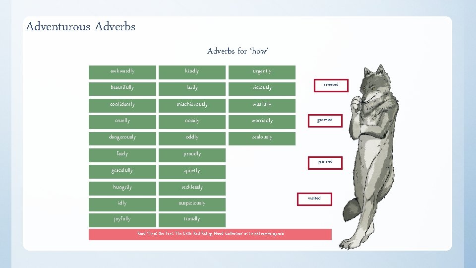 Adventurous Adverbs for ‘how’ awkwardly kindly urgently beautifully lazily viciously confidently mischievously wistfully cruelly