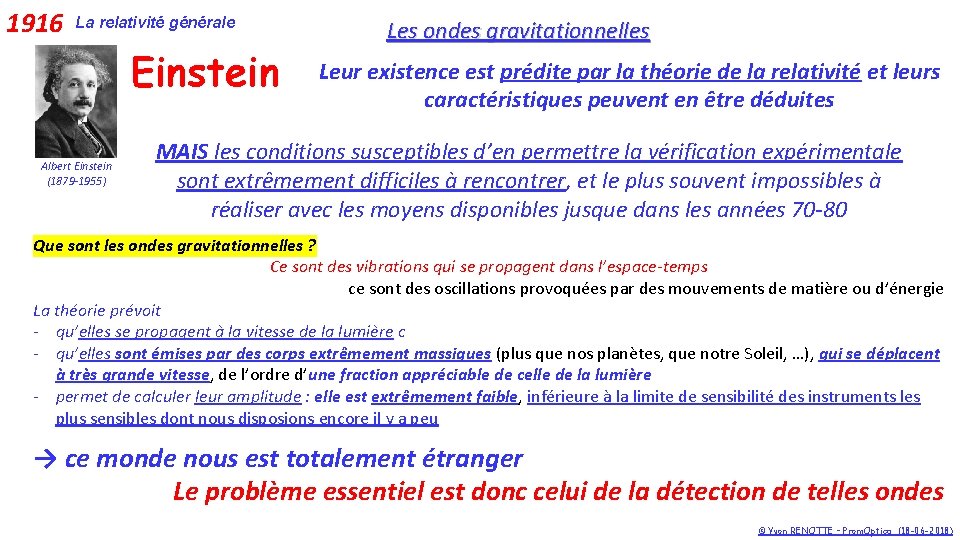 1916 La relativité générale Einstein Albert Einstein (1879 -1955) Les ondes gravitationnelles Leur existence