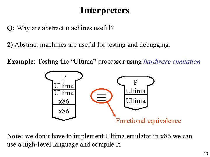 Interpreters Q: Why are abstract machines useful? 2) Abstract machines are useful for testing