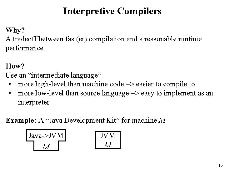 Interpretive Compilers Why? A tradeoff between fast(er) compilation and a reasonable runtime performance. How?