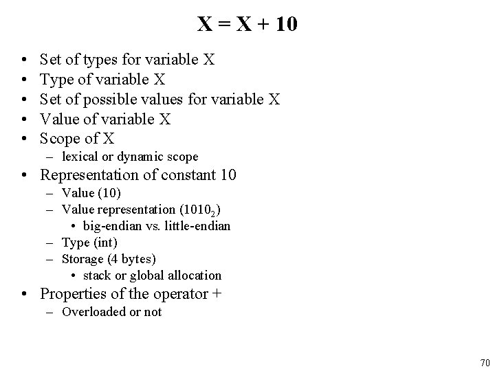 X = X + 10 • • • Set of types for variable X