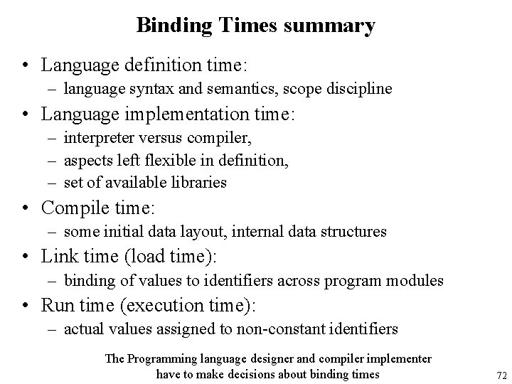 Binding Times summary • Language definition time: – language syntax and semantics, scope discipline