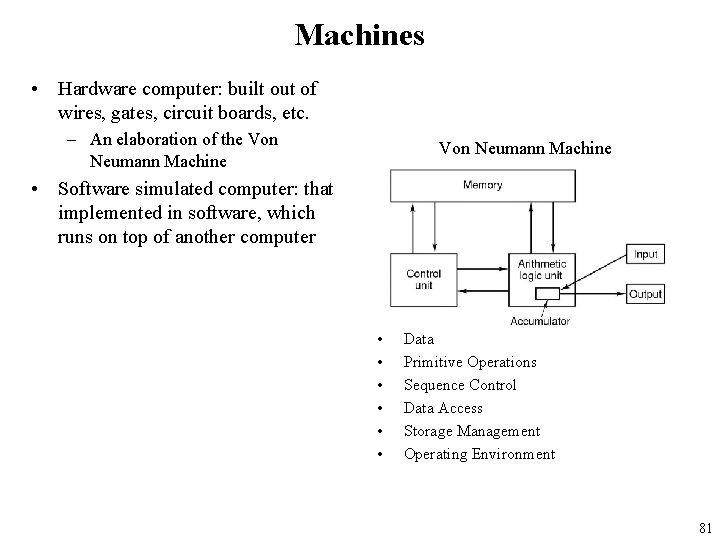 Machines • Hardware computer: built out of wires, gates, circuit boards, etc. – An