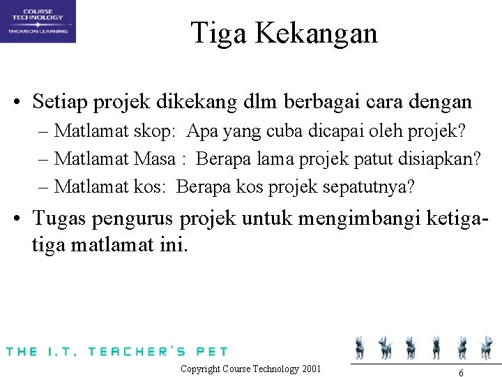 Tiga Kekangan • Setiap projek dikekang dlm berbagai cara dengan – Matlamat skop: Apa