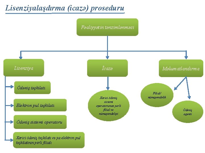 Lisenziyalaşdırma (icazə) proseduru Fəaliyyətin tənzimlənməsi Lisenziya İcazə Məlumatlandırma Ödəniş təşkilatı Elektron pul təşkilatı Ödəniş