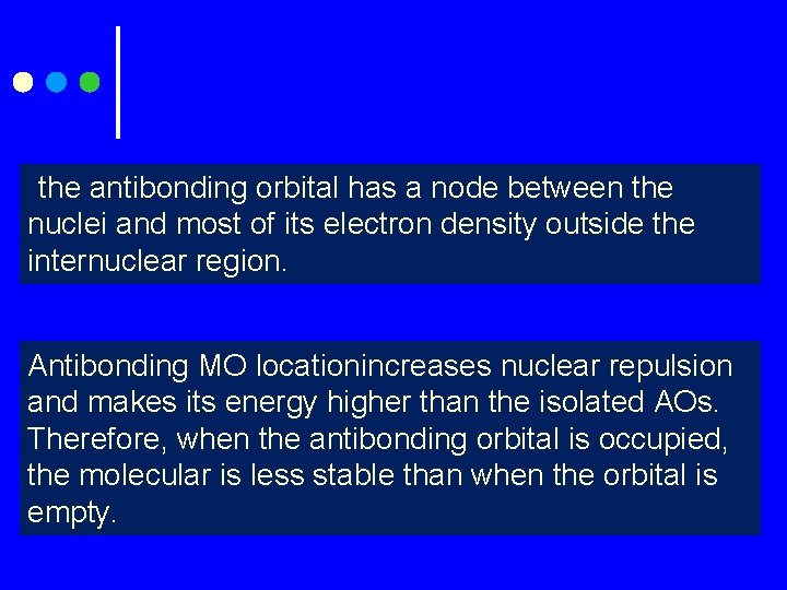 the antibonding orbital has a node between the nuclei and most of its electron