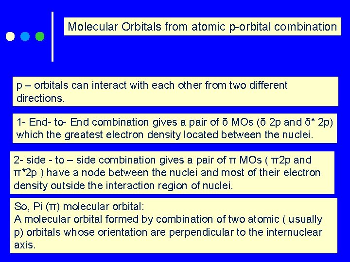 Molecular Orbitals from atomic p-orbital combination p – orbitals can interact with each other