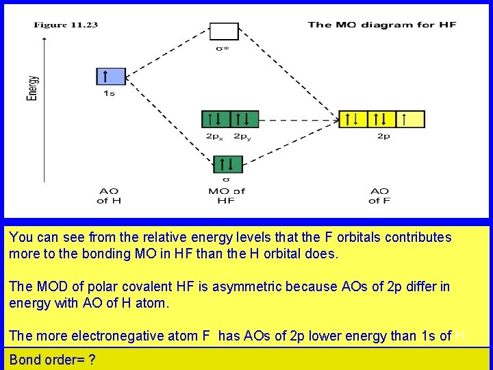 You can see from the relative energy levels that the F orbitals contributes more