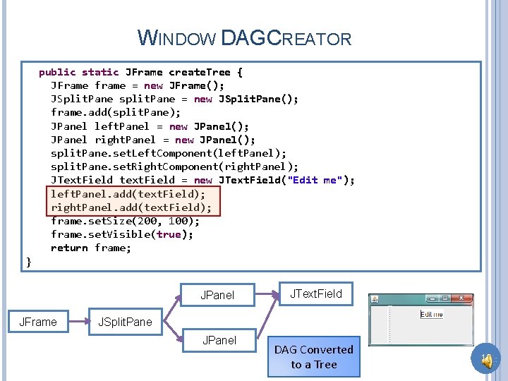 WINDOW DAGCREATOR public static JFrame create. Tree { JFrame frame = new JFrame(); JSplit.
