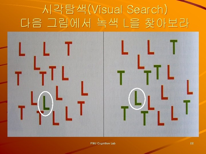 시각탐색(Visual Search) 다음 그림에서 녹색 L을 찾아보라 PNU Cognitive Lab 22 