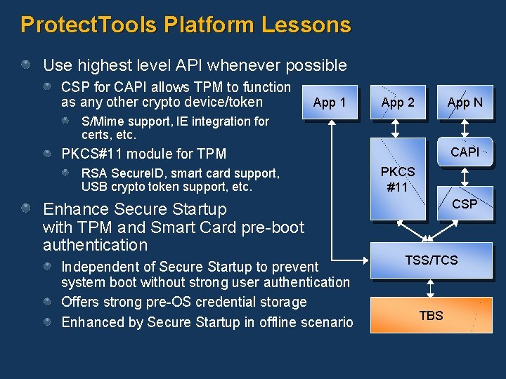 Protect. Tools Platform Lessons Use highest level API whenever possible CSP for CAPI allows