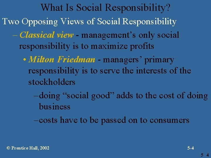 What Is Social Responsibility? Two Opposing Views of Social Responsibility – Classical view -