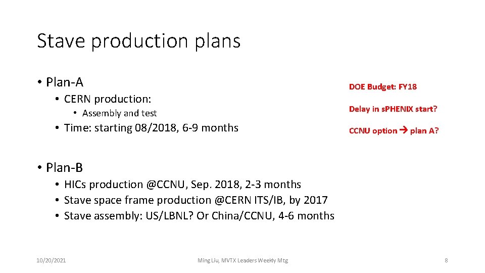 Stave production plans • Plan-A DOE Budget: FY 18 • CERN production: Delay in