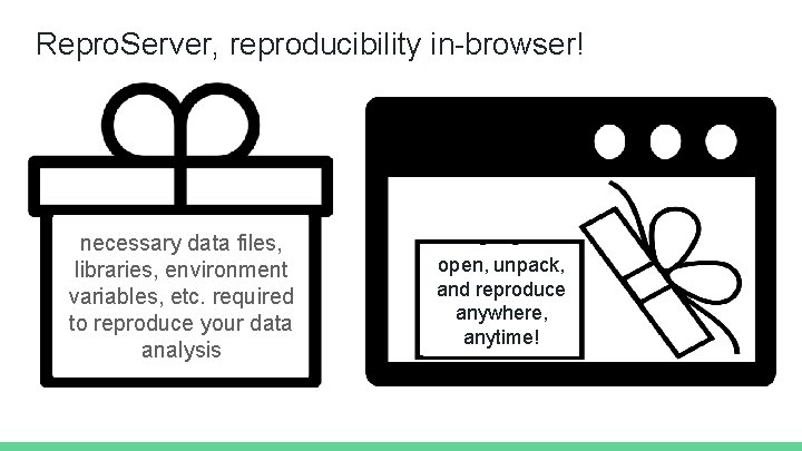 Repro. Server, reproducibility in-browser! necessary data files, libraries, environment variables, etc. required to reproduce