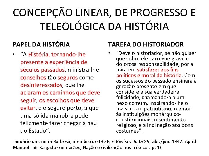 CONCEPÇÃO LINEAR, DE PROGRESSO E TELEOLÓGICA DA HISTÓRIA PAPEL DA HISTÓRIA TAREFA DO HISTORIADOR