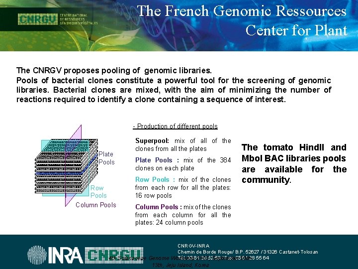 The French Genomic Ressources Center for Plant The CNRGV proposes pooling of genomic libraries.