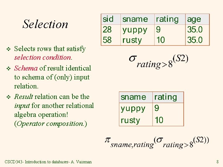 Selection v v v Selects rows that satisfy selection condition. Schema of result identical