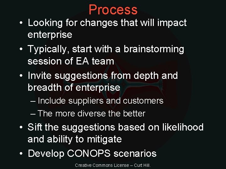 Process • Looking for changes that will impact enterprise • Typically, start with a