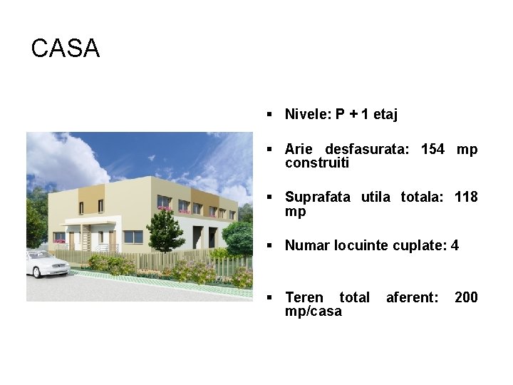 CASA Nivele: P + 1 etaj Arie desfasurata: 154 mp construiti Suprafata utila totala: