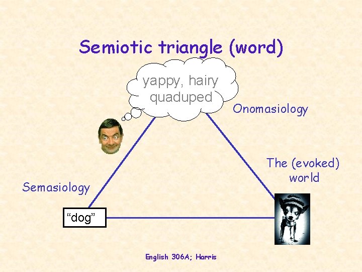 Semiotic triangle (word) yappy, hairy quaduped Onomasiology The (evoked) world Semasiology “dog” English 306 Semiotic triangle (word) yappy, hairy quaduped Onomasiology The (evoked) world Semasiology “dog” English 306