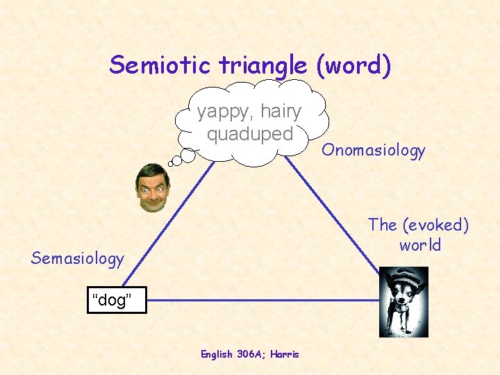 Semiotic triangle (word) yappy, hairy quaduped Onomasiology The (evoked) world Semasiology “dog” English 306