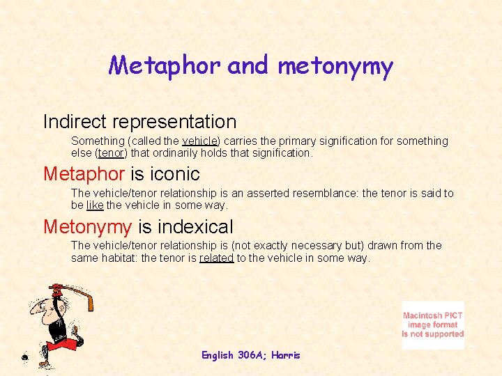 Metaphor and metonymy Indirect representation Something (called the vehicle) carries the primary signification for Metaphor and metonymy Indirect representation Something (called the vehicle) carries the primary signification for
