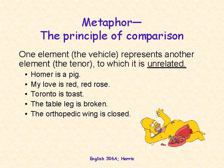 Metaphor— The principle of comparison One element (the vehicle) represents another element (the tenor),