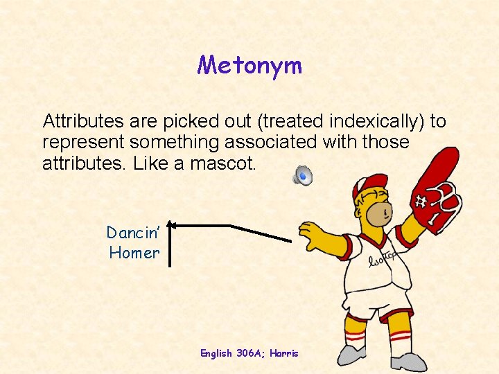 Metonym Attributes are picked out (treated indexically) to represent something associated with those attributes. Metonym Attributes are picked out (treated indexically) to represent something associated with those attributes.