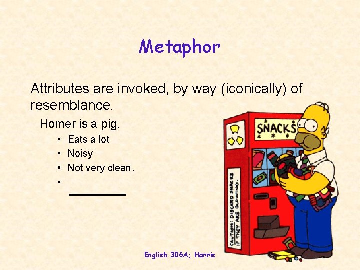 Metaphor Attributes are invoked, by way (iconically) of resemblance. Homer is a pig. • Metaphor Attributes are invoked, by way (iconically) of resemblance. Homer is a pig. •