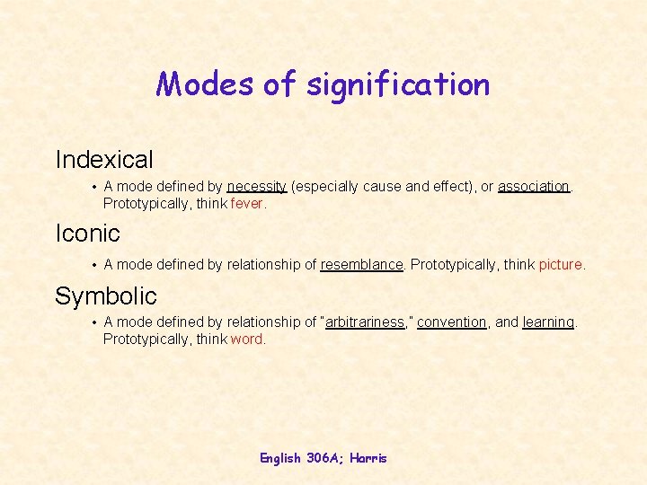 Modes of signification Indexical • A mode defined by necessity (especially cause and effect),