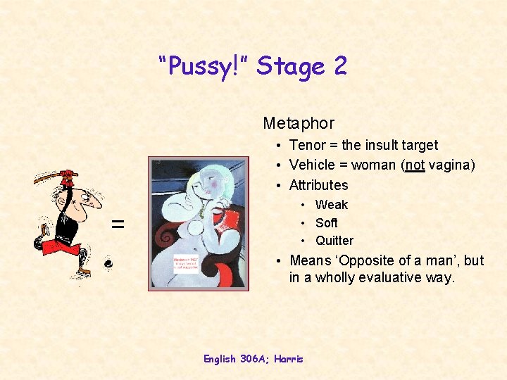 “Pussy!” Stage 2 Metaphor • Tenor = the insult target • Vehicle = woman