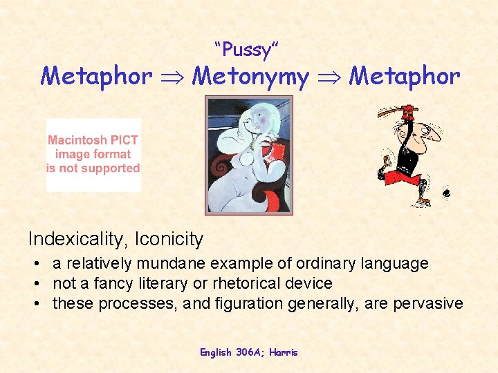 “Pussy” Metaphor Metonymy Metaphor Indexicality, Iconicity • a relatively mundane example of ordinary language