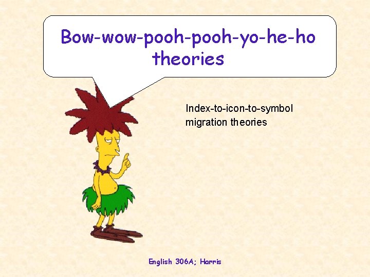 Bow-wow-pooh-yo-he-ho theories Index-to-icon-to-symbol migration theories English 306 A; Harris Bow-wow-pooh-yo-he-ho theories Index-to-icon-to-symbol migration theories English 306 A; Harris