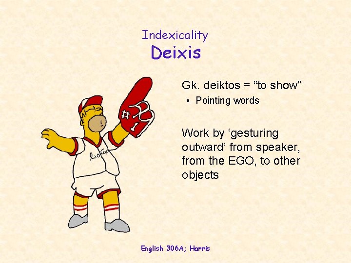 Indexicality Deixis Gk. deiktos ≈ “to show” • Pointing words Work by ‘gesturing outward’ Indexicality Deixis Gk. deiktos ≈ “to show” • Pointing words Work by ‘gesturing outward’