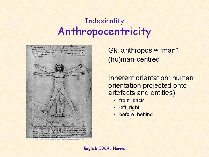 Indexicality Anthropocentricity Gk. anthropos ≈ “man” (hu)man-centred Inherent orientation: human orientation projected onto artefacts Indexicality Anthropocentricity Gk. anthropos ≈ “man” (hu)man-centred Inherent orientation: human orientation projected onto artefacts