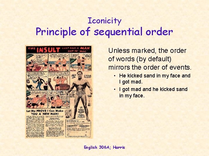 Iconicity Principle of sequential order Unless marked, the order of words (by default) mirrors Iconicity Principle of sequential order Unless marked, the order of words (by default) mirrors