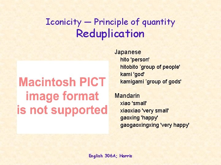 Iconicity — Principle of quantity Reduplication Japanese hito 'person' hitobito ’group of people' kami Iconicity — Principle of quantity Reduplication Japanese hito 'person' hitobito ’group of people' kami