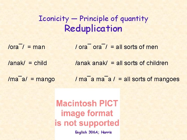 Iconicity — Principle of quantity Reduplication /ora¯/ = man / ora¯/ = all sorts Iconicity — Principle of quantity Reduplication /ora¯/ = man / ora¯/ = all sorts