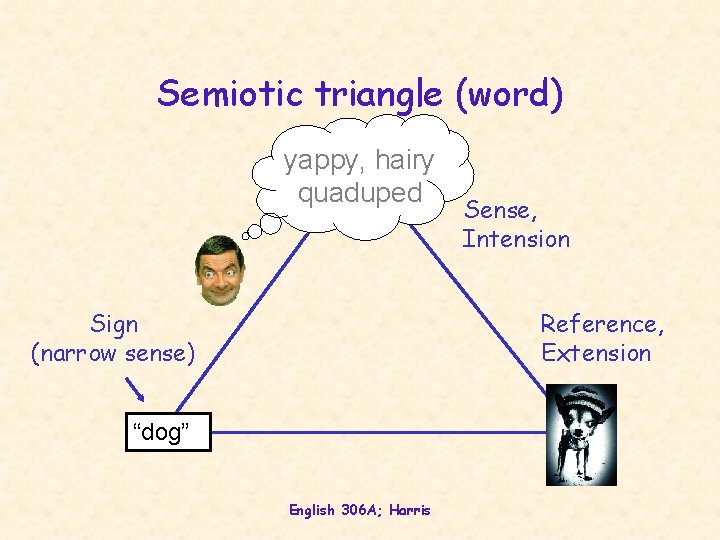 Semiotic triangle (word) yappy, hairy quaduped Sign (narrow sense) Sense, Intension Reference, Extension “dog” Semiotic triangle (word) yappy, hairy quaduped Sign (narrow sense) Sense, Intension Reference, Extension “dog”