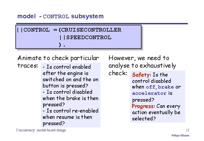 model - CONTROL subsystem ||CONTROL =(CRUISECONTROLLER ||SPEEDCONTROL ). Animate to check particular traces: -