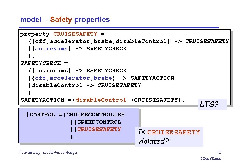 model - Safety properties property CRUISESAFETY = ({off, accelerator, brake, disable. Control} -> CRUISESAFETY