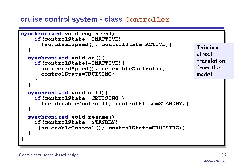 cruise control system - class Controller synchronized void engine. On(){ if(control. State==INACTIVE) {sc. clear.