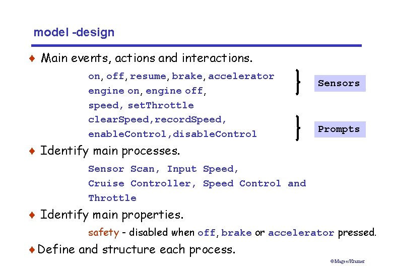 model -design ¨ Main events, actions and interactions. on, off, resume, brake, accelerator engine
