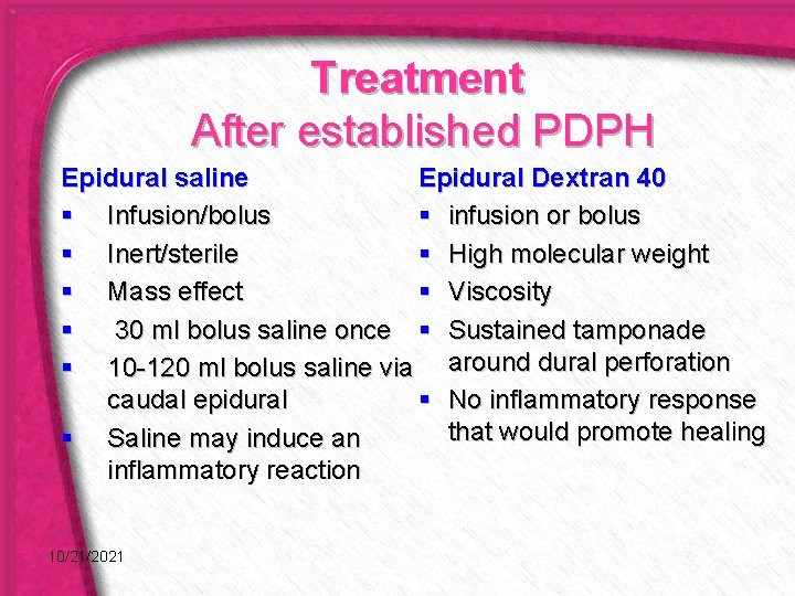 Treatment After established PDPH Epidural saline Epidural Dextran 40 § Infusion/bolus § infusion or