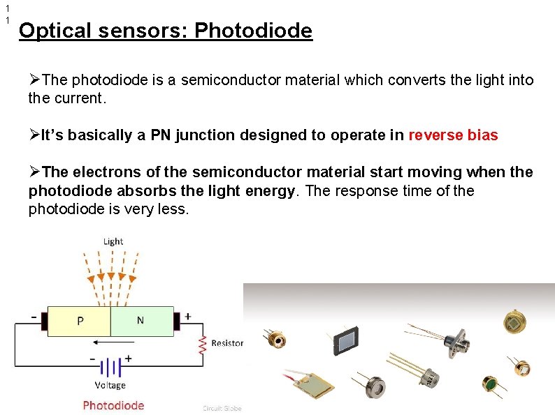 1 1 Optical sensors: Photodiode ØThe photodiode is a semiconductor material which converts the