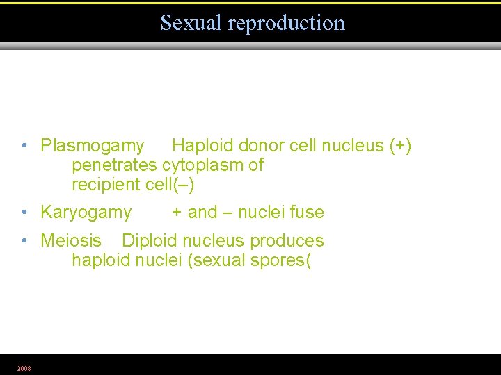 Sexual reproduction • Plasmogamy Haploid donor cell nucleus (+) penetrates cytoplasm of recipient cell(–)