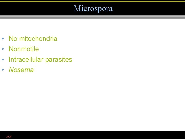 Microspora • No mitochondria • Nonmotile • Intracellular parasites • Nosema 2008 