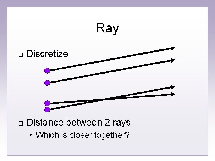 Ray q Discretize q Distance between 2 rays • Which is closer together? 